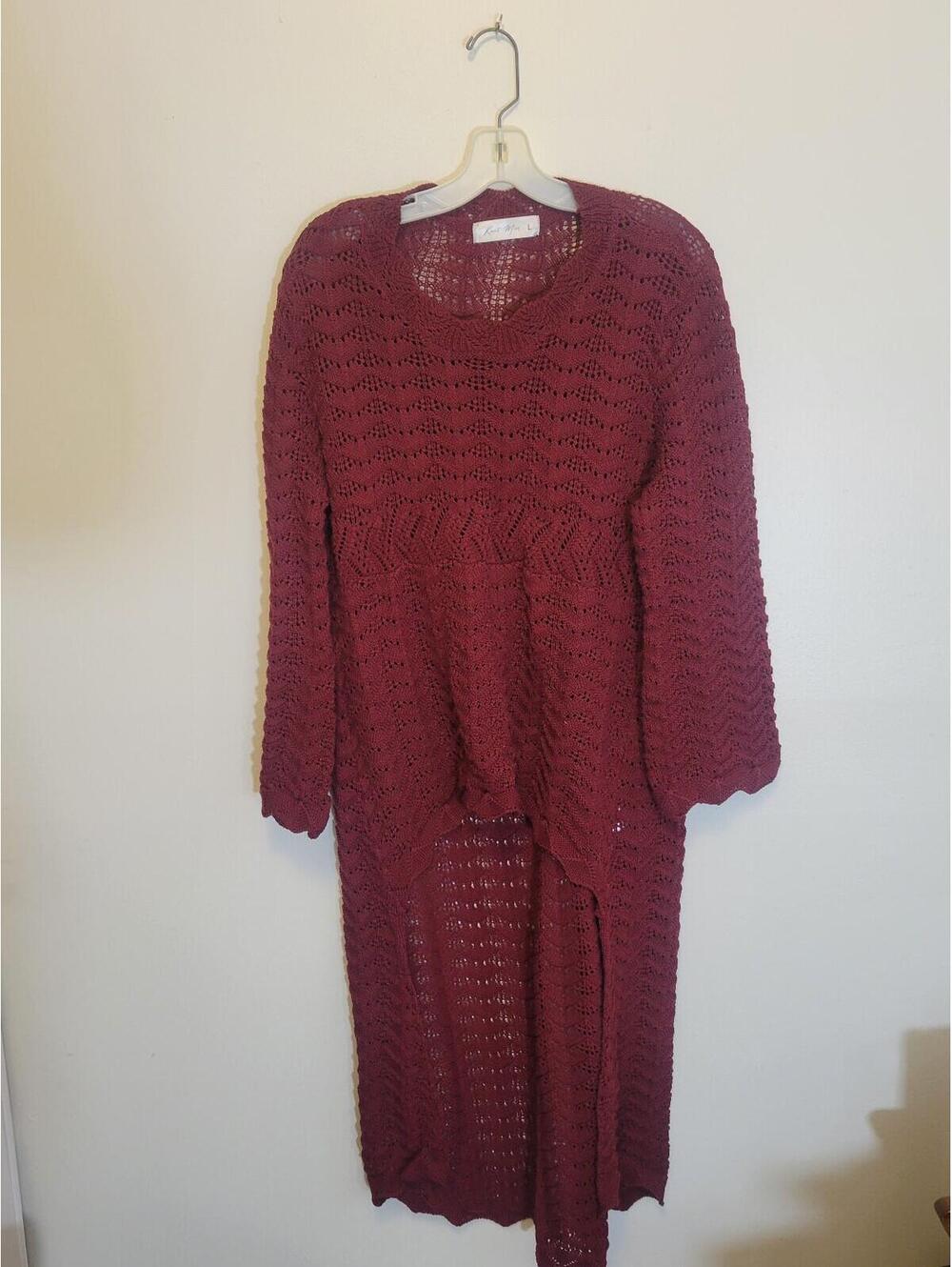 Women's Knit Mix Burgundy Asymmetrical Knit Sweater Dress Size L. Polyester